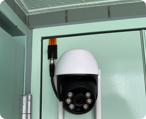 ポールに屋外カメラを設置している写真